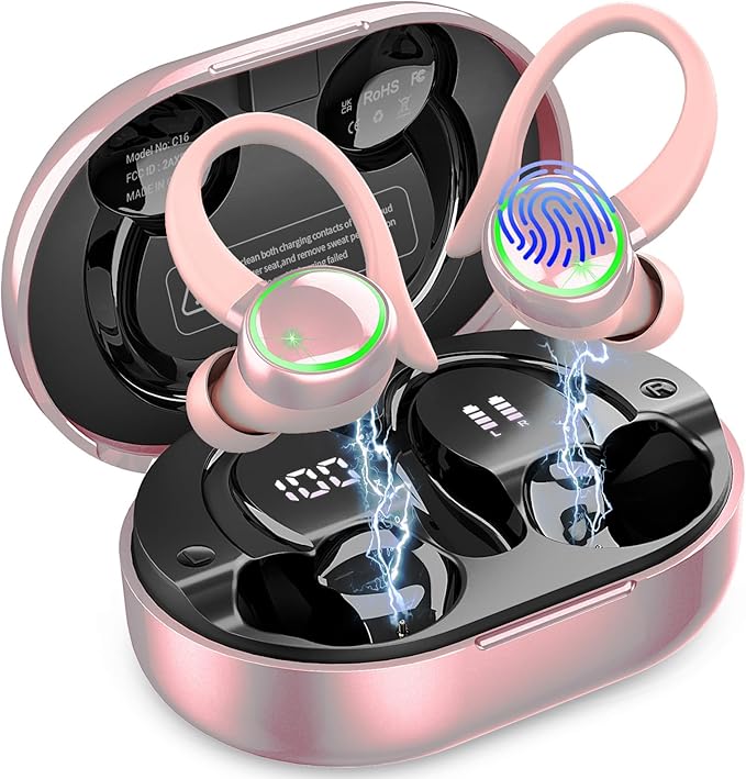 Matast Wireless Earbuds, Bluetooth Headphones Sports, IP7 Waterproof Headset with Earhook Workout, 50H Playback Over-Ear Buds with ENC Noise Cancelling Mic, Deep Bass Fitness Earphones Gym Running