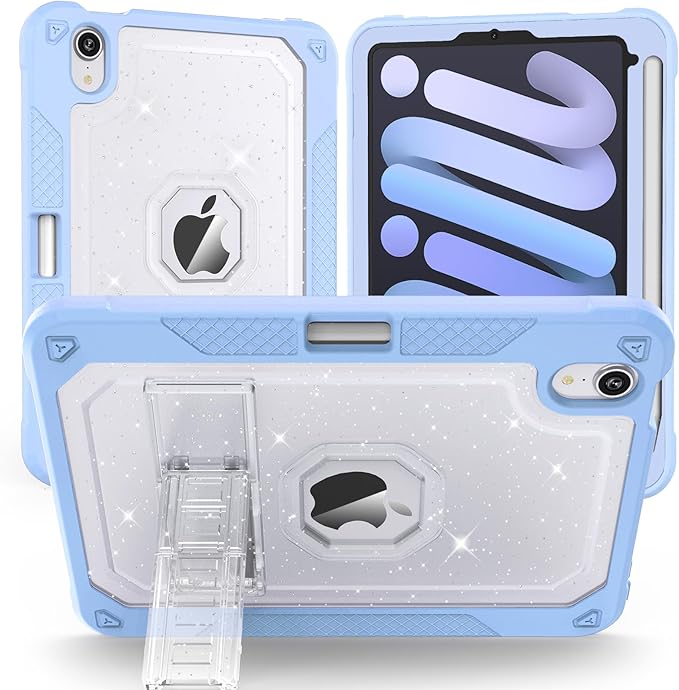 ZoneFoker Case for iPad mini A17 Pro, for iPad mini 7th/6th Generation Case 8.3 inch 2024/2021 with Pencil Holder/Stand, Slim Cover for i Pad Mini 7/6 (Clear Glitter/SkyBlue)