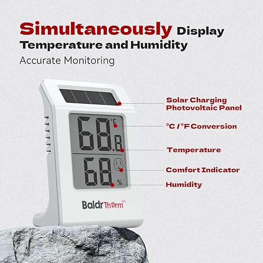 BaldrTherm 2.2'' Digital Thermometer and Hygrometer Meter, Solar-Powered Indoor Temperature Sensor Humidity Monitor, Humidity Gauge for Baby Rooms, Bedrooms, Home, Office, and Wine Cellars, 1Pack