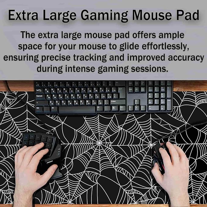 Gaming Mat Black Long Mousepad, Desktop Pad Big Mouse Pads Desk Mouse Pad, Computer Pad Non-Slip Rubber Base Waterproof with Stitched Edges, 35.4" X 15.7" Spider Web