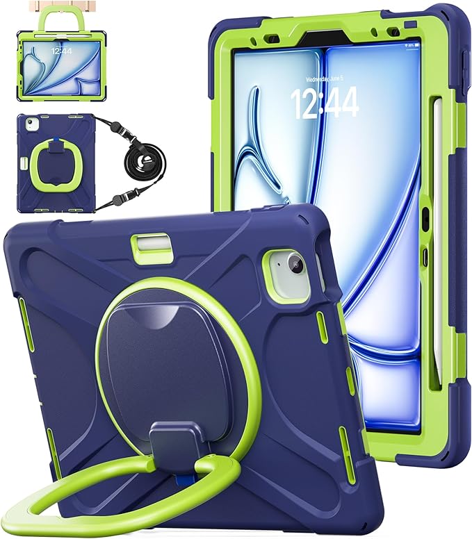 BATYUE Case for iPad Air 11-inch M4(2026)/ M3(2025) /M2(2024), iPad Air 5th/4th 10.9 inch(2022/2020), iPad Pro 11 inch 4th/3rd/2nd/1st Cover with Pencil Holder, Kickstand & Strap for Boy (NavyLime)