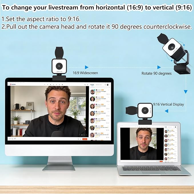 4K USB Webcam with Dual Microphones, 9X Hybrid Zoom, Auto Light Correction, 86° Wide Angle for Video Conferencing, Live Streaming, Remote Work, Compatible with PC Desktop Laptop