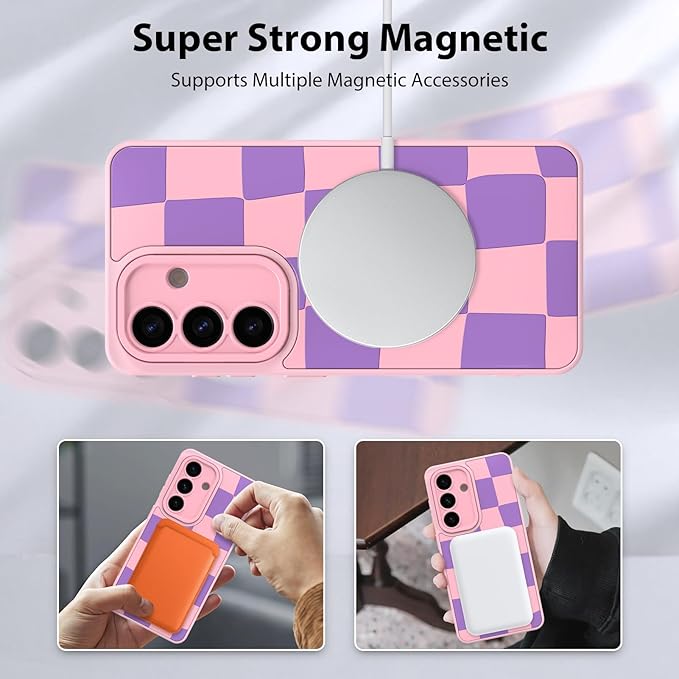 KANGHAR Compatible with Samsung Galaxy S26 Case, Support for MagSafe, Silicone Checkered Cute Pattern, Wristband Kickstand Camera Protection Soft Slim Cover for Girls Women -Pink