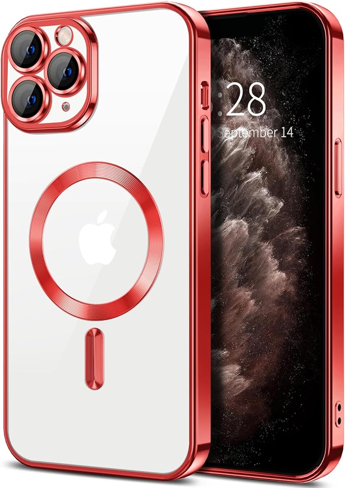 Hython Magnetic Clear for iPhone 11 Pro Case with Camera Lens Protector [Compatible with MagSafe] Luxury Plating Edge Slim Soft TPU Cover Protective Phone Case for iPhone 11 Pro 5.8", Red