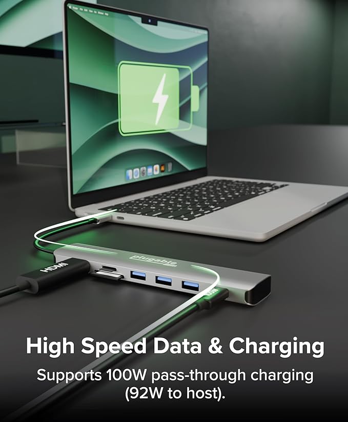 Plugable USB-C Hub 7-in-1, Driverless USB C Hub Compatible with Mac, Windows, Chromebook, USB4, Thunderbolt 4, and More (4K HDMI, 3 USB 3.0, SD & microSD Card Reader, 100W Charging)