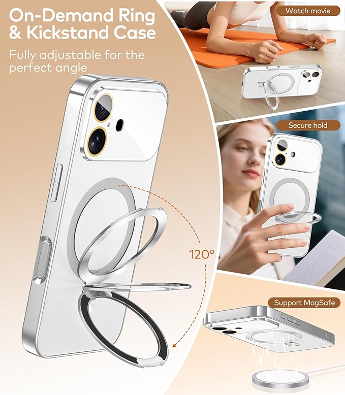 TOBOVON Magnetic for iPhone 17 Case with Ring Stand, Fits MagSafe, with Built-in Camera Lens Protector, Slim Electroplated Shockproof Phone Cover, Silver