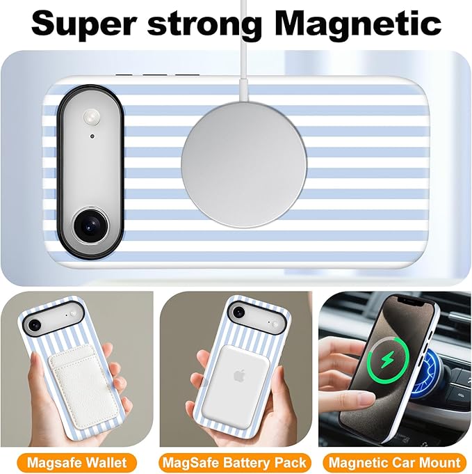 Magnetic for iPhone 17 Air Case Cute Stripes Phone Case, Shockproof Slim TPU and Hard PC Protective Phone Cover Compatible with MagSafe Designed for Women Girls, Blue and White