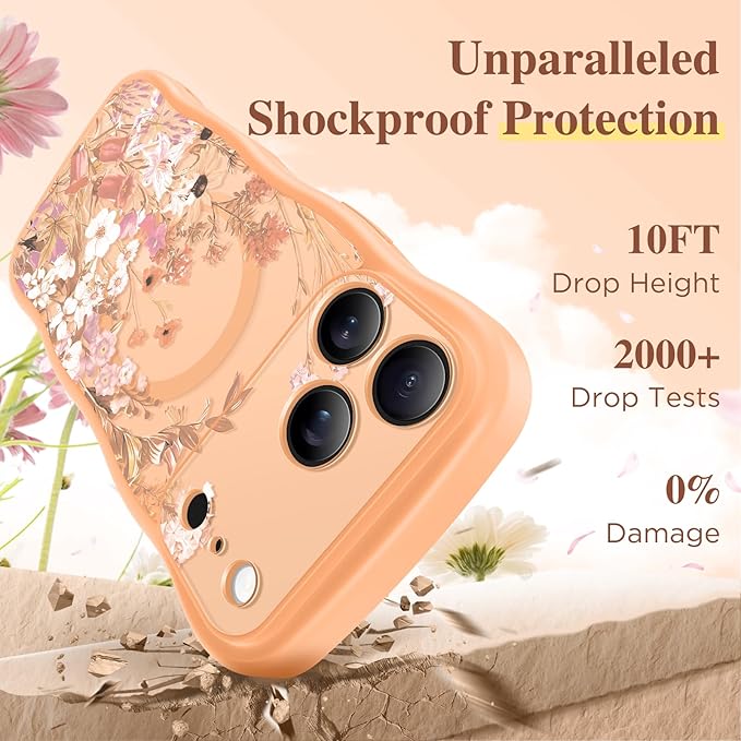GVIEWIN for iPhone 17 Pro Max Case Compatible with MagSafe [Curly Wave Edge][Full Camera Protection] Floral Translucent Shockproof Magnetic Women Phone Case for 17 Pro Max, Campanula/Orange