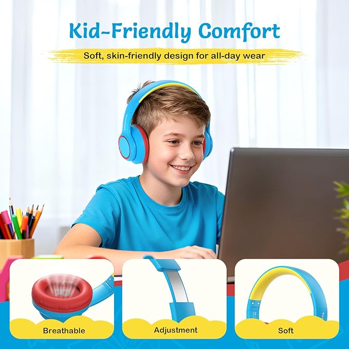 TONOSHARK Kids Bluetooth Headphones with Active Noise Cancelling, Wireless Over-Ear Headphones for Boys Girls, Foldable, Adjustable,for School Trave (Blue red)