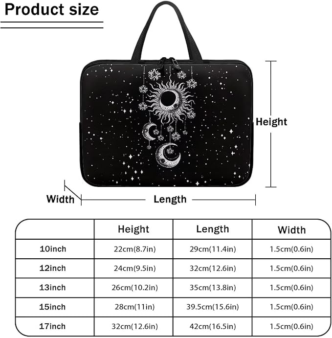 Sun Moon Stars Laptop Sleeve Case for Women Protective Soft Padded Zipper Cover Carrying Computer Bag Compatible with 12 Inch Notebook Chromebook Tablet, Galaxy Space, Black