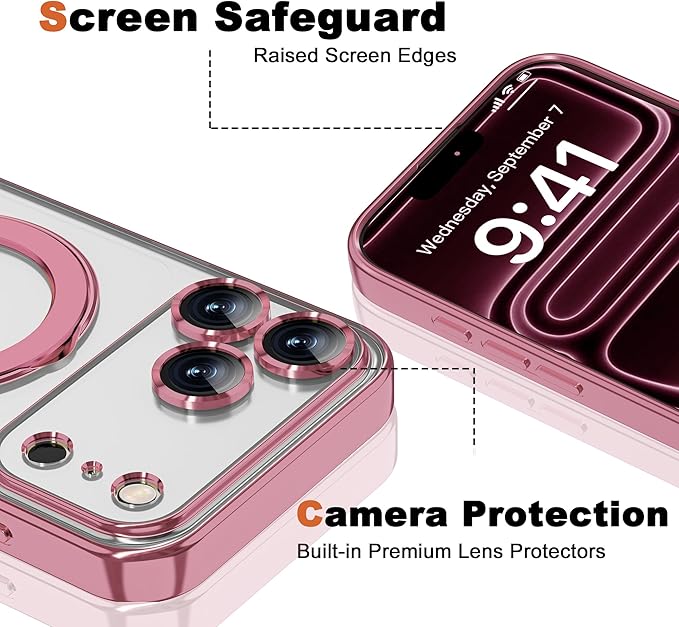 Compatible with iPhone 17 Pro Case with Invisible Magnetic Ring Stand [Compatible with Mag-Safe] [Full Camera Lens Protector] Plating Clear Phone Case for iPhone 17 Pro 6.3", Pink