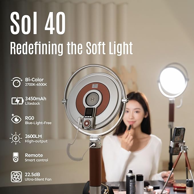 Harlowe Sol 40 LED Light Panel, 40W Bi-Color 2700K-6500K Professional Key Light with Litedock for Streaming, Video Recording, Zoom Meeting, Wireless Remote and App Control