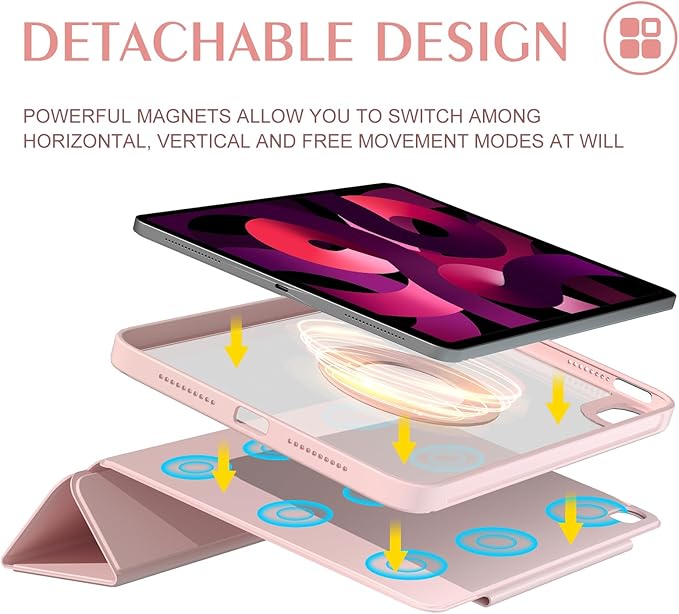 ZENLU iPad Air 10.9/11 inch Case with Removable Magnetic Folio Cover, Premium PU Leather, Multiple Angles Stand, Pencil Slot Charging Support, Full Protective Case for iPad Air 7 6 5 4 Gen (Pink)