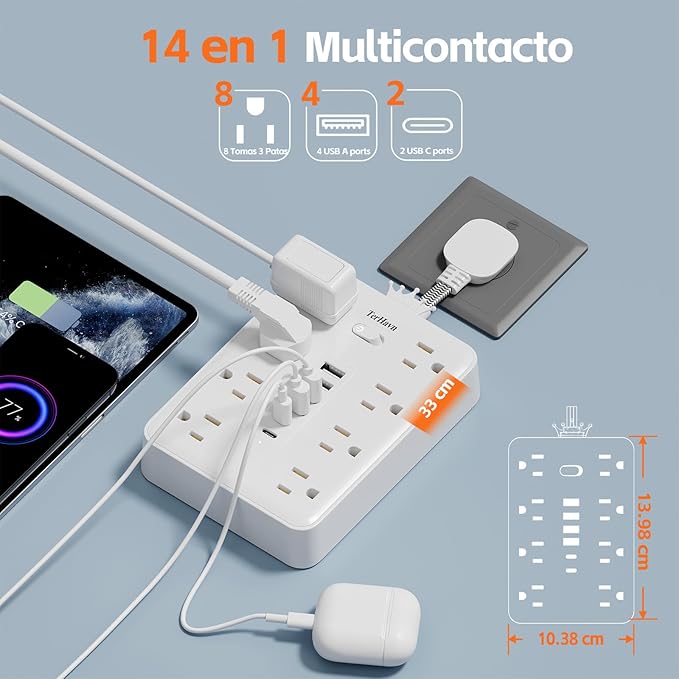 Short Extension Cord - Space Saving Design, 14-in-1 Small Power Strip with 8 Outlets & 6 USB (2 USB-C), 900J Surge Protector for Bathroom, Nightstand, Kitchen & Home Office, White