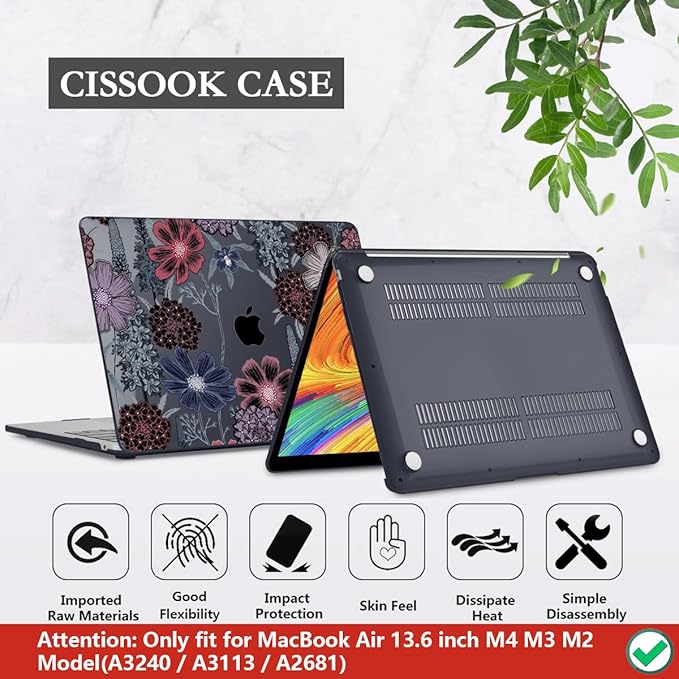 CISSOOK Compatible with MacBook Air 13.6 inch Case 2022 2023 2024 2025 2026 Model A2681 A3113 A3240 A3449, Plastic Hard Case with Keyboard Cover Screen Protector Type C Adapter, Texture Flowers