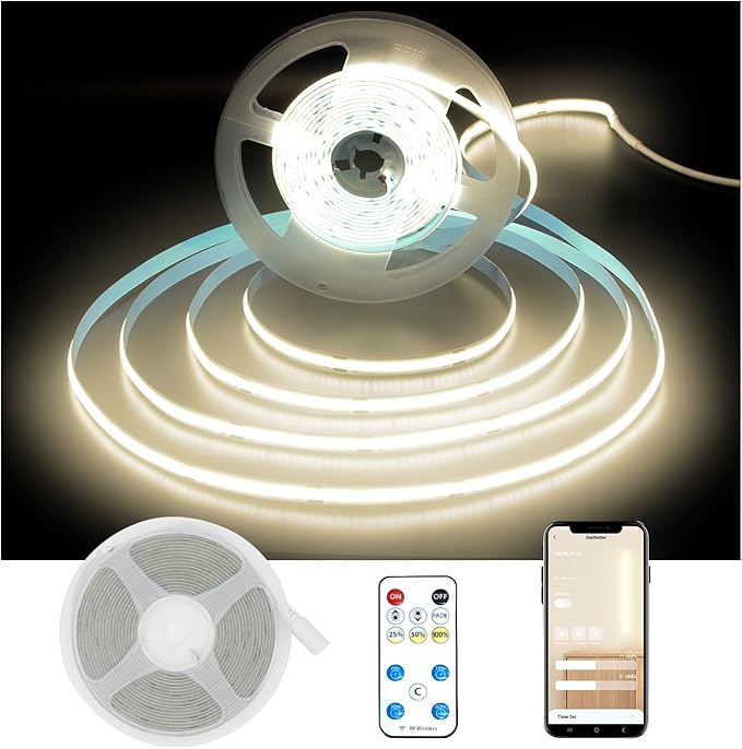 DAYBETTER COB LED Strip Light,LED Lights for Bedroom 16.4ft,Natural White 4000K Dotless LED Light Strip,1600 LEDs Super Bright Dimmable 24V Flexible Tape Lights with Remote,Kitchen,Cabinets Lighting