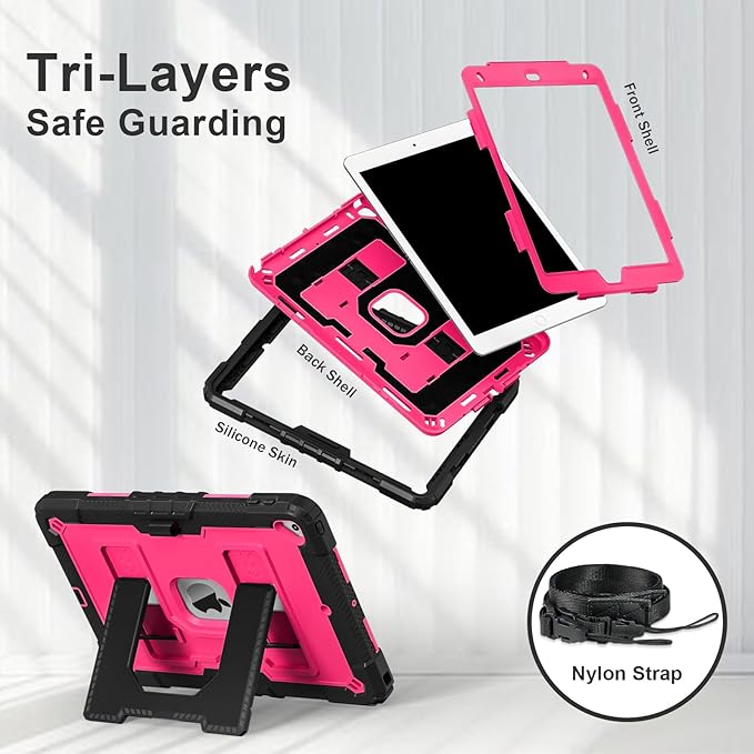 Kids Friendly Case for Apple iPad 10.2" 9th 8th 7th Generation 2021/2020/2019 Case with Pencil Holder & Shoulder Strap, Military Grade Shockproof Kickstand Hard Shell Protective Cover,Black+Rose