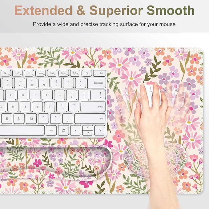 Large Gaming Mouse Pad Set, Ergonomics Keyboard Desk Mat with Memory Foam Wrist Rest, Computer PC Extended Game Mousepad, Non-Slip Desk Matt Easy Typing Pain Relief I Artistic Colroful Flowers