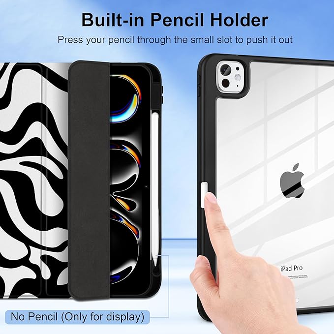 Case for iPad Pro 11 inch (M5) 2025 (M4) 2024 Release with Pencil Holder - Aesthetic Cute Preppy Design Trifold Cover with Soft TPU Bumper Clear Back Auto Sleep/Wake for Girls Women, Waves