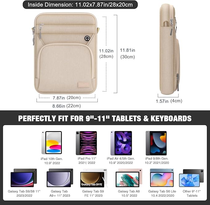 MoKo 9-11 Inch 360° Protective Tablet Sleeve Bag with Earphone Hole & Multi-Pockets, Fits New 11-inch iPad Air M4 2026 & iPadPro 11 M5,iPad A16,iPad10/5/4. 10.9,iPad9/8. 10.2,Tab S8/S9 11, Sand