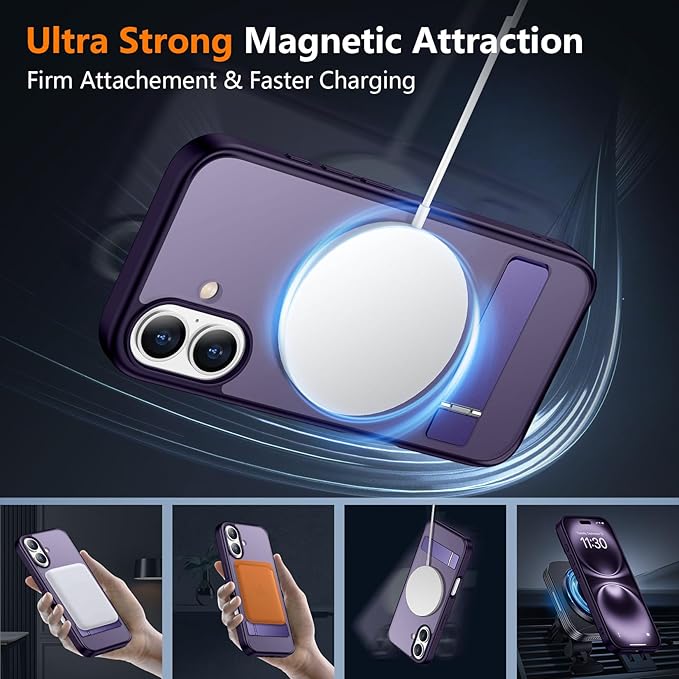SPIDERCASE Magnetic for iPhone 16 Case,with [3 Stand Ways] [Military Grade Drop Protection] with Invisible Stand Shockproof Slim Phone Case for iPhone 16 6.1'',Purple