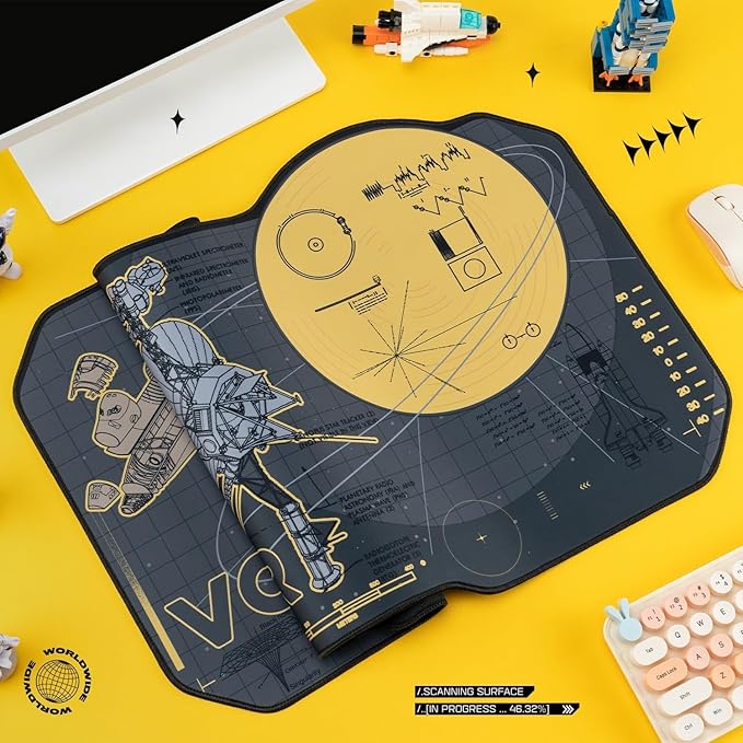 BelugaDesign Space Desk Pad | Voyager Spaceship Moon Galaxy Science SciFi Nerdy Mouse Pad | Large Gray Gold Keyboard Laptop Gaming Mousepad | Machine Washable Non-Slip Desk Blotter Protector Mat