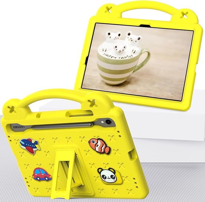 AKABEILA Compatible with Samsung Galaxy Tab S10 FE 2025 Tablet Case, Kids Friendly Universal Lightweight Shockproof Protective Case with Shoulder Strap & Stand Handle Yellow