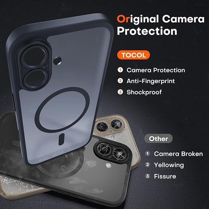 TOCOL for iPhone 16 Case with Camera Control Capture Button, Compatible with Magsafe Charger, Built-in Magnetic Ring, Translucent Matte Phone Case for iPhone 16 6.1 inch (Key Black)