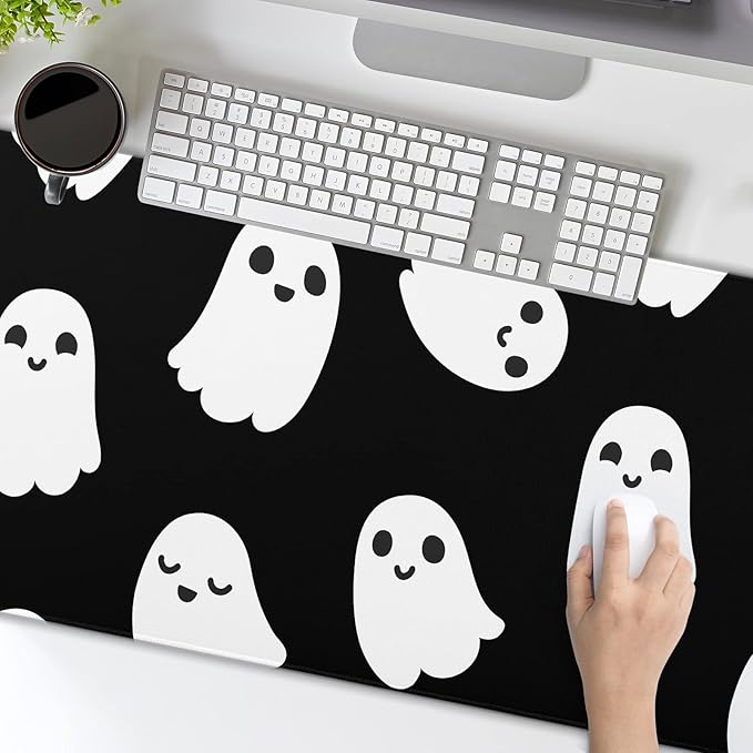 Halloween Cute Ghost Mouse Pad Kawaii Cartoon Spooky Funny Spirit Extended Desk Mat Non-Slip Rubber Base Stitched Edge Large XL Black White Mousepad for Desk Gaming Laptop Desktop,31.5×11.8 Inch
