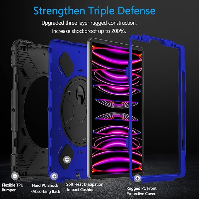 Miesherk Case for iPad Pro 12.9 Inch 6th/5th/4th Generation, Military Grade Heavy Duty Shockproof iPad Pro 12.9 Case - Rotating Stand, Pencil Holder, Hand/Shoulder Strap, Blue+Black