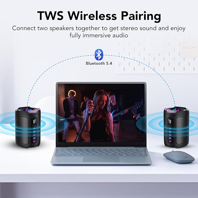 aowoka Bluetooth Speaker, 2026 Portable Wireless Speakers with Led Light, Bluetooth 5.4, 15H Playtime, Enhanced Bass, IPX7 Waterproof, Outdoor Speaker for Travel, Sport, Party, Biking.