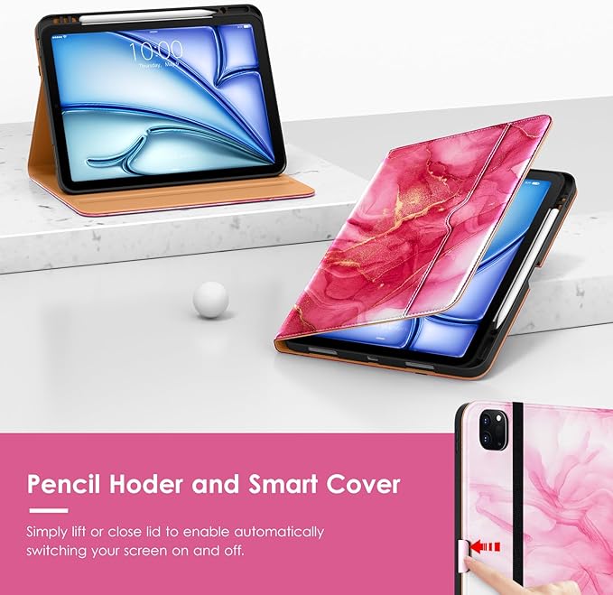 VIKESI Case for iPad Air 13 inch (M4) 2026 / (M3) 2025 / (M2) 2024,Premium Leather Folio,Apple Pencil Holder,Auto Sleep/Wake,Stand Cover - Red Marble