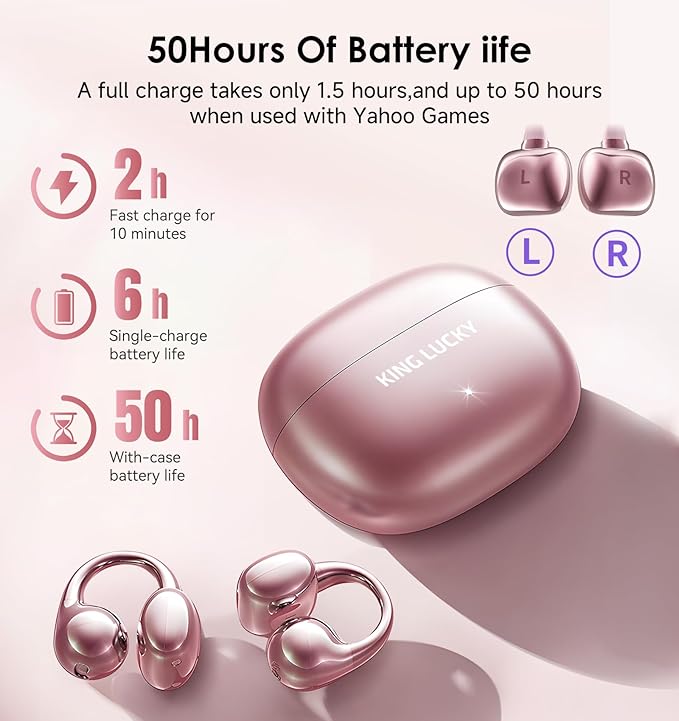 King Lucky Clip-On Earbuds Gen 3, Open-Ear Wireless Bluetooth 6.0 Headphones with Mic, Secure Fit for Small Ears & Glasses Wearers, 50H Playtime, ENC, IPX5 Waterproof Sport Ear Buds (Pink)