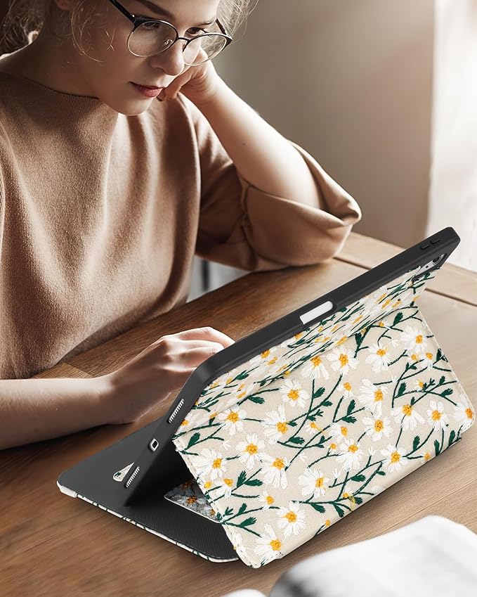 Uppuppy for iPad 10th Generation Case, for iPad (A16) 11th Generation Case - Women Girls Cute Embroidered Folio Stand Cover with Pencil Holder & Card Slot Girly Kawaii Daisy Flowers Aesthetic Cases