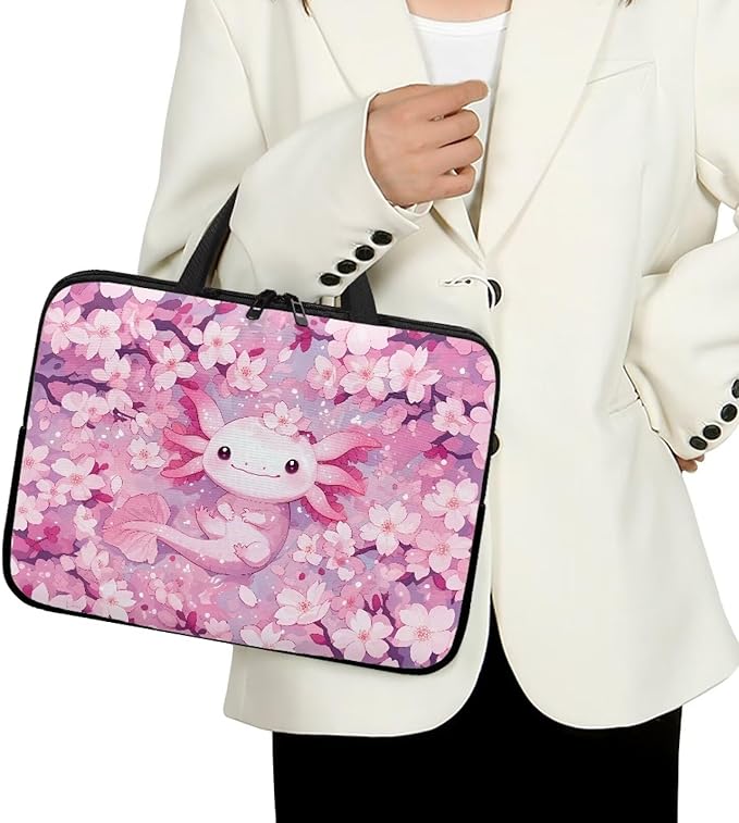 10-17 Inch Axolotl Cherry Blossom Laptop Sleeves for Women, Protective Tablet Carrying Case with Handle, Laptop Tote Bags Notebook Messenger Briefcase for Travel/Business/School