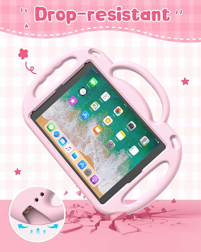 Kids Case for iPad 5th/6th Generation (9.7 inch, 2017/2018) & iPad Air 1/2 9.7" & Pro 9.7, Durable Shockproof Lightweight Kids Cover with Shoulder Strap/Handle/Kickstand, Light Pink