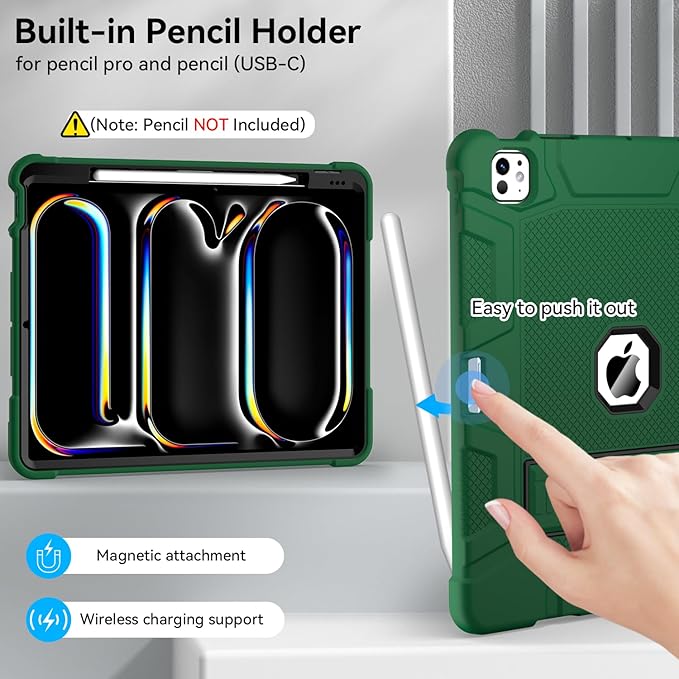 Case for iPad Pro 13 Inch Case (M5 2025/ M4 2024) with Pencil Holder, Built-in Stand, Military Grade Shockproof Protective Cover for iPad Pro 13" (Alpine Green)