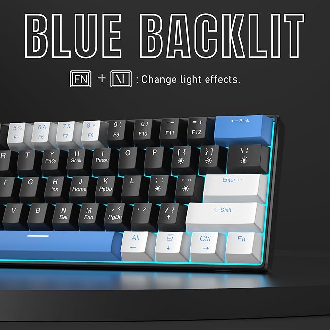 Camiysn 60% Mechanical Gaming Keyboard,White Black Blue Keycaps Gaming Keyboard with Linear Red Switch, Detachable Type-C Cable Mini Keyboard with Blue LED Light for Windows/Mac/PC/Laptop