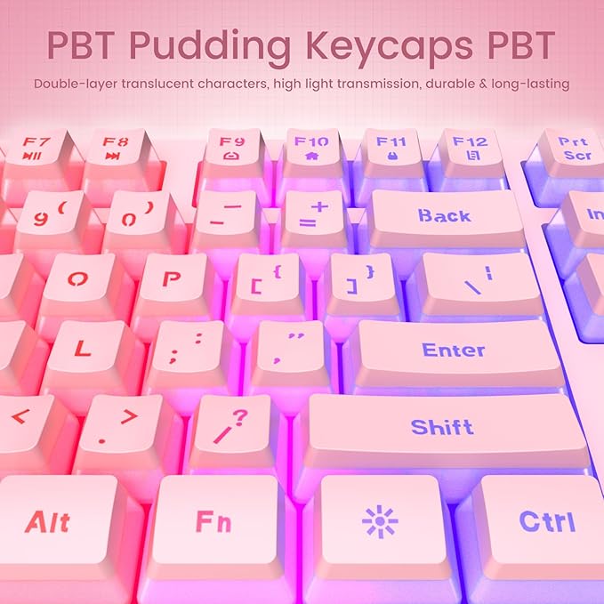 yesbeaut Pink Creamy Keyboard, Rainbow LED Backlit, 104 Keys Silent Light Up Gaming Keyboard with Wrist Rest, PBT Keycap, Anti-ghosting, Waterproof USB Wired Computer Keyboard for PC Mac Xbox
