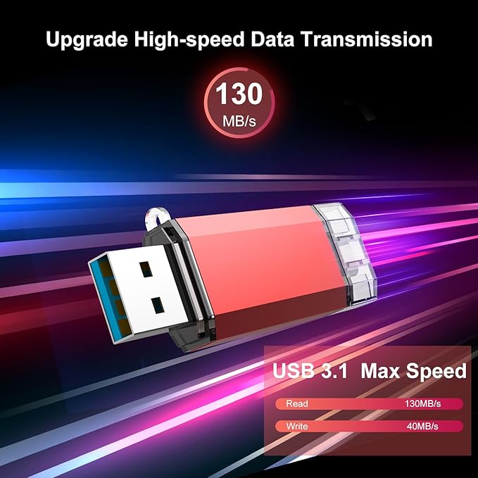 RAOYI 256GB USB C Flash Drive Upgraded 130MB/s 2 in 1 USB 3.1 Type C Dual OTG Metal Thumb Drive Memory Stick with Keychain Suitable for USB-C Smartphones, PC, Macbooks and Tablets (Red)