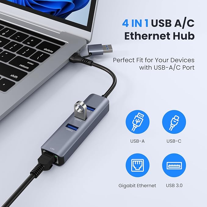 USB to Ethernet Adapter, ABLEWE USB 3.0/USB C to RJ45 Network Internet 2.5Gbps, Compatible with MacBook/Pro/Air, iPhone 15/16 Pro/Max, iPad Pro, Surface Pro, Windows 11/10/8/7, MacOS, Chromebook