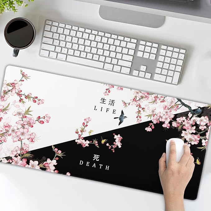 Black and White Cherry Blossom Gaming Mouse Pad XL，Extended Large Mouse Mat Desk Pad,Japanese Pink Sakura Death Life Long Non Slip Rubber Base Mice Pad 31.5 X 11.8 Inch
