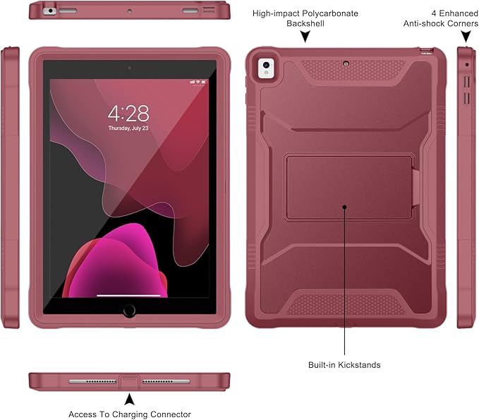 Soke Case for iPad 6th/5th Generation 9.7 Inch 2018/2017,with Built-in Screen Protector and Kickstand, Rugged Full-Body Heavy Duty Protective Cover for Apple iPad Air 2 /Pro 9.7 - Dark Red