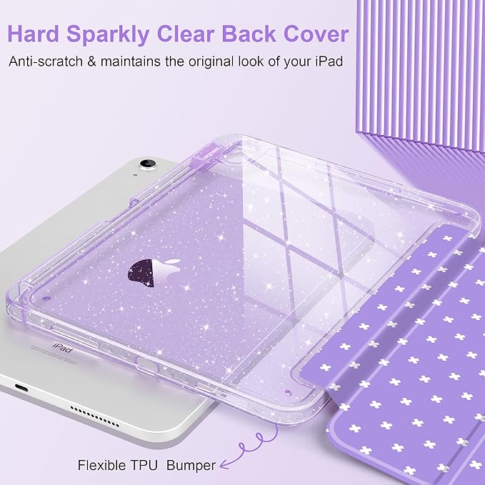 DONGKE for iPad Pro 11 inch Case – Fits M5 2025 / M4 2024, Shockproof Sparkling Glitter Acrylic Back, Pencil Holder, Trifold Stand, Auto Sleep/Wake & Touch ID Support - Purple Cross Dot