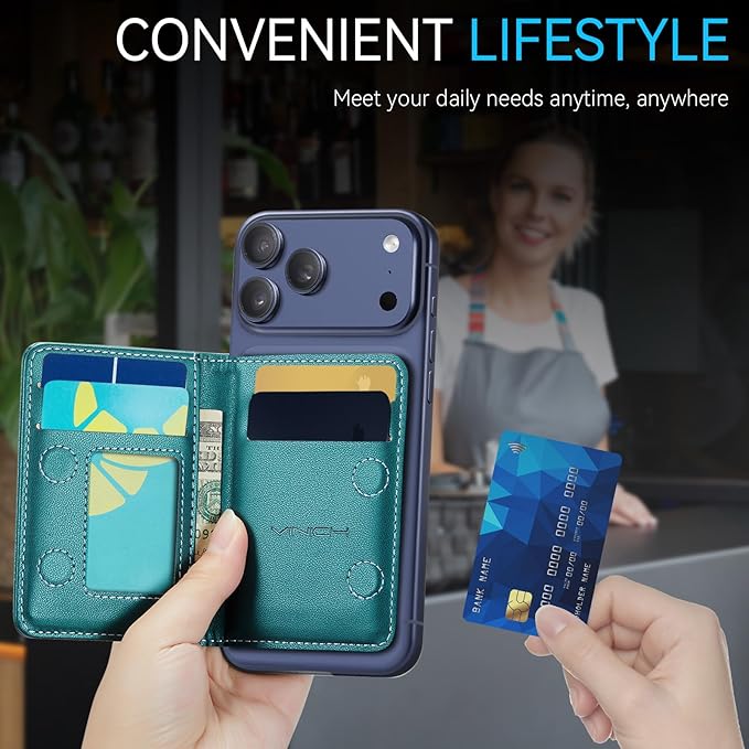 Vinich for MagSafe Wallet Magnetic RFID Blocking Card Holder Compatible with MagSafe Phones and Cases, Strong Magnet Minimalist Phone Wallet for iPhone 17/16/15/14/13/12/Pro/Max/Plus, Bluish Green