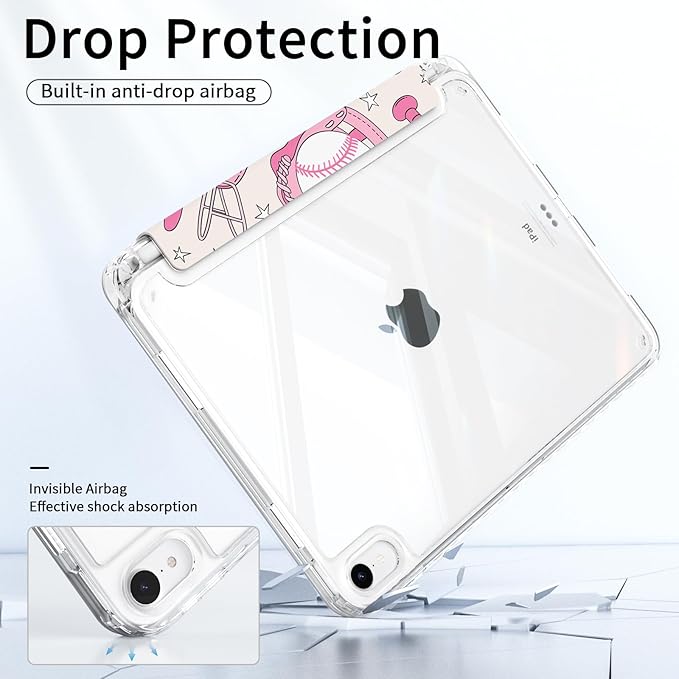 Case for iPad 11th Generation A16 Chip 2025, Slim iPad 10th Generation Case 10.9 2022 with Pencil Holder, Protective Lightweight Transparent Clear Back Cover, Trifold Stand, Pink Baseball