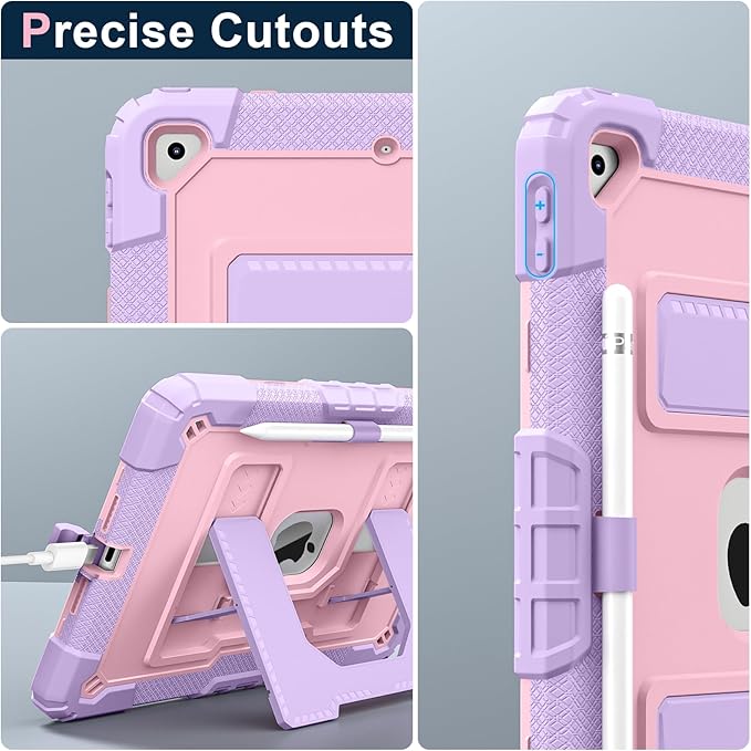 Kids Friendly Case for Apple iPad 10.2" 9th 8th 7th Generation 2021/2020/2019 Case with Pencil Holder & Shoulder Strap, Military Grade Shockproof Kickstand Hard Shell Protective Cover,Pink+Purple