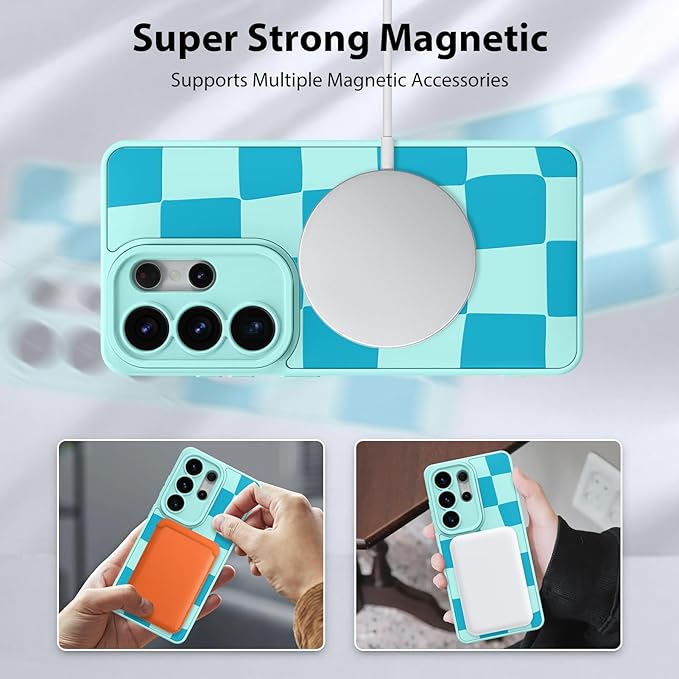 KANGHAR Compatible with Samsung Galaxy S26 Ultra Case, Support for MagSafe, Silicone Checkered Cute Pattern, Wristband Kickstand Camera Protection Soft Slim Cover for Girls Women -Blue