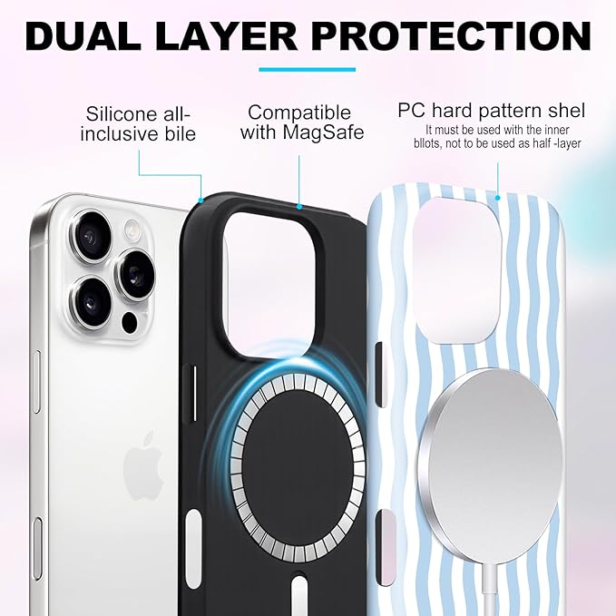 Magnetic for iPhone 15 Pro Max Case Cute Wavy Stripes Phone Case, Shockproof Slim TPU and Hard PC Protective Phone Cover Compatible with MagSafe Designed for Women Girls, Blue