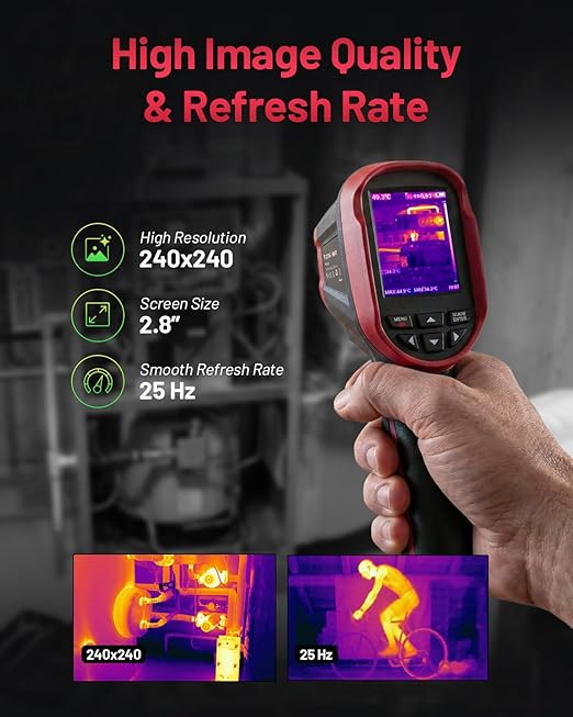 Thermal Camera, 240 x 240 TSIR Imaging Resolution, -4°F to 1022°F, 18-Hour Battery Life, 25Hz Mini Handheld Infrared Camera, 2.8" Screen, LED Lamp, 16 GB, Temp Alerts, Auto Shutdown, IP54 VectorPoint